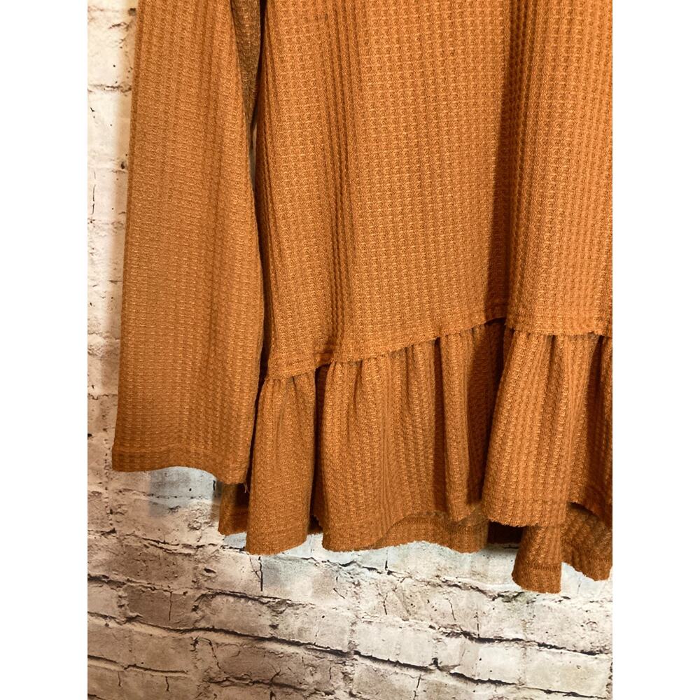 New In Lagenlook Top Womens Medium Rust Brown Waffle Ruffle Hem Thermal Boho - Picture 5 of 12